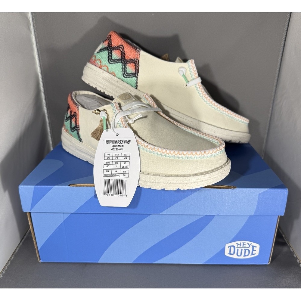 Hey Dude Wendy Funk Beach Woven Slip Classic Egret/Multi Color Women's 9 New